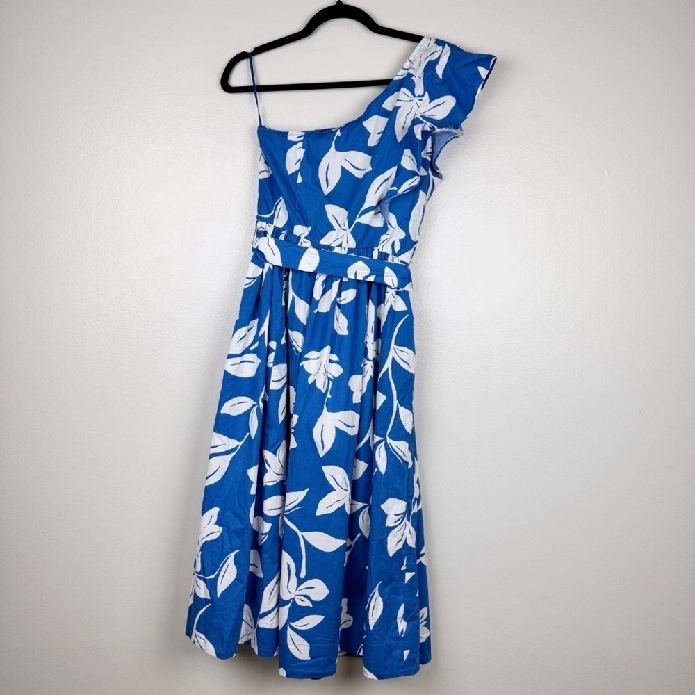 J. Crew One Shoulder Cotton Midi Dress Blue White Floral Size 8 NWT - Picture 4 of 8